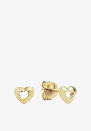 Boucles d'oreilles en forme de cœur en or avec des centres creux, vues de face et de côté sur un fond blanc.