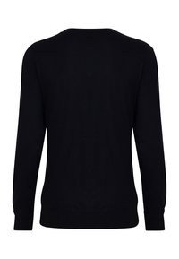 Felpa nera a maniche lunghe con scollo tondo, caratterizzata da una texture liscia e polsini e orlo a coste. Design semplice e classico senza decorazioni.