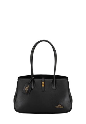 Black leather handbag with textured finish, two handles, gold hardware accents, and a tag featuring the brand name "WITTCHEN."
