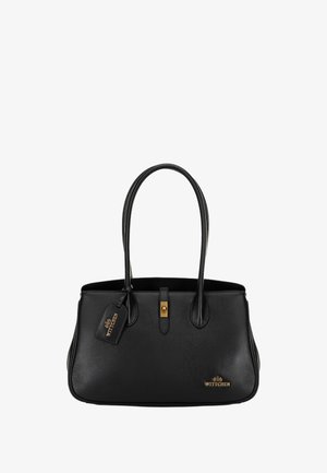Borsa a mano in pelle nera con finitura testurizzata, due manici, dettagli in hardware dorato e un'etichetta con il nome del marchio "WITTCHEN."