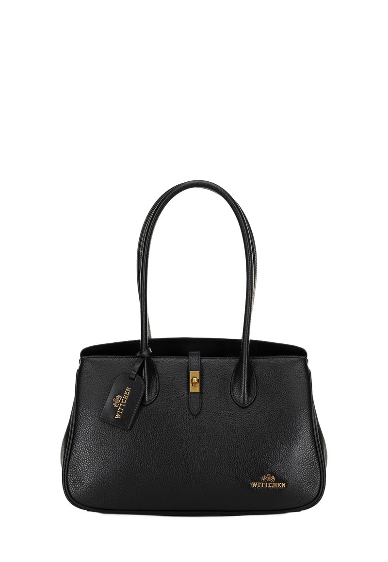 Borsa a mano in pelle nera con finitura testurizzata, due manici, dettagli in hardware dorato e un'etichetta con il nome del marchio "WITTCHEN."