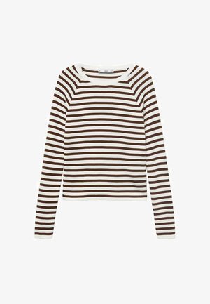 Dlouhý rukáv tričko s horizontálními pruhy v hnědé a bílé barvě, vyrobené z měkké látky s kulatým výstřihem a přiléhavým střihem.