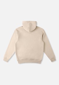 Beige hooded sweatshirt made of soft fabric, featuring a front pocket, ribbed cuffs, and hem. Smooth texture with minimal design details.