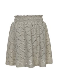 Lichtbeige rok met een smock taille, voorzien van een gestructureerde stof en een diamanten patroon. A-lijnvorm, knielange uitvoering.