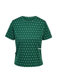 Zielona koszulka z krótkim rękawem z powtarzaj�ącym się białym wzorem, okrągłym dekoltem i subtelnym detalem logo na końcu. Gładka faktura.