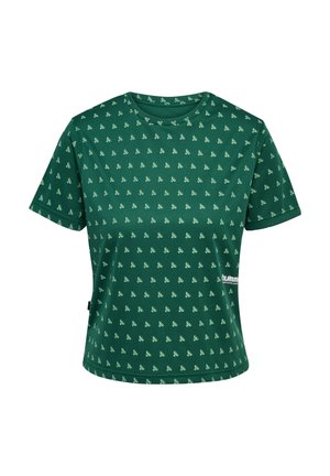 Groen T-shirt met korte mouwen met een herhaald wit patroon, ronde halslijn en subtiele logodetail aan de zoom. Gladde textuur.