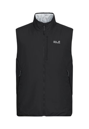 Gilet da esterno nero senza maniche con colletto alto, cerniera frontale, tasche con cerniera sul petto e sui lati, con logo Jack Wolfskin sul petto.