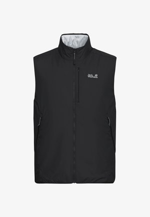 Gilet da esterno nero senza maniche con colletto alto, cerniera frontale, tasche con cerniera sul petto e sui lati, con logo Jack Wolfskin sul petto.