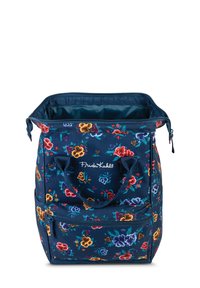 Bloemrijke rugzak van navy stof, met kleurrijke bloemenpatronen, dubbele bovenhandvatten en een ritssluiting hoofcompartiment.