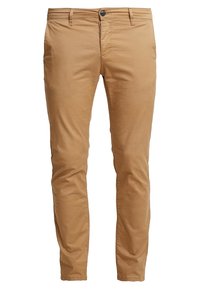 Béžové slim-fit chino kalhoty vyrobené z bavlny. Mají zapínání na zip s knoflíkem, pět kapes a hladký, mírně zdrsněný povrch.