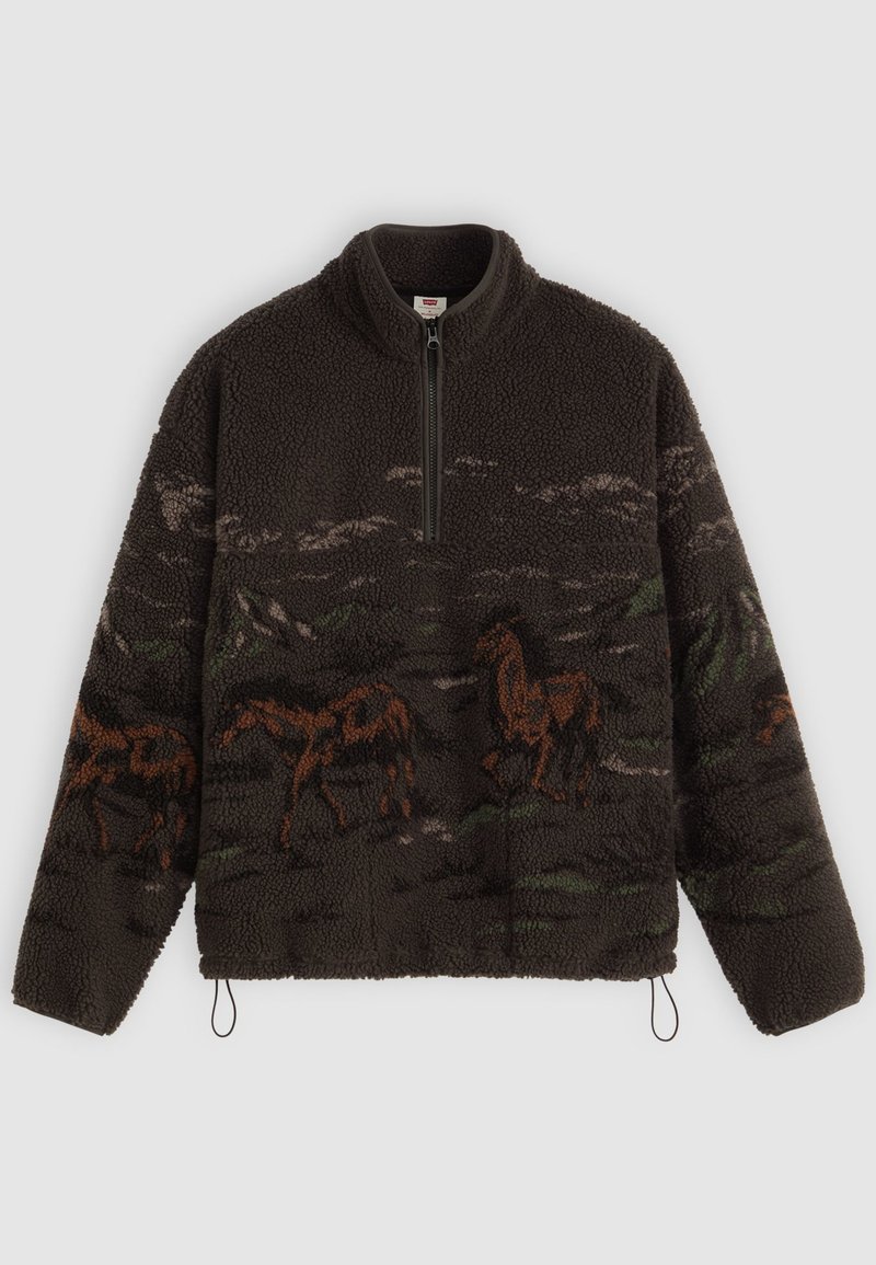 Dunkelbrauner Fleece-Pullover mit Viertel-Reißverschluss und bedruckten orangen Pferden auf einem naturinspirierten Hintergrundmuster.