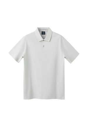 Effen witte poloshirt met korte mouwen, twee knopen bij de sluiting en een klassieke kraag, afgebeeld op een witte achtergrond.