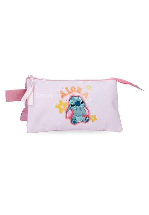 Bolsa de cremallera rosa claro con un gráfico de Stitch de Lilo & Stitch, estrellas amarillas y la palabra "ALOHA" en letras naranjas.
