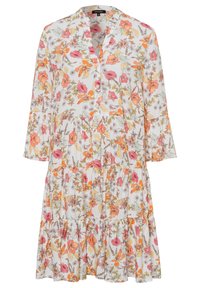 Hvid kjole med lagdelt skirt, lange ærmer, V-hals, dækket af orange, pink og gule blomsterprint med grønne blade.