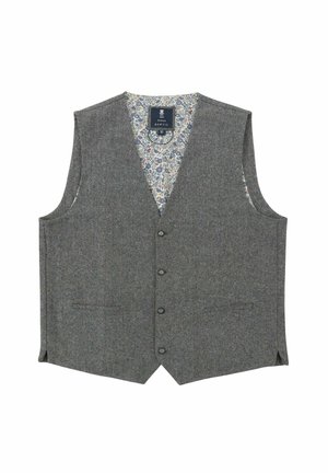 Gray wool vest with a V-neck design, five-button front, and dual side pockets. Floral pattern lining visible at the neckline.