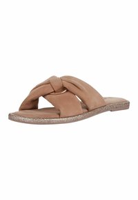 Sandali slip-on color nocciola con un design annodato in morbido suede, suola beige luccicante e stile flat con punta aperta.