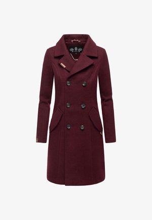 Burgunderfarbener Wollmischung-Doppelreiher mit großen schwarzen Knöpfen, reversiertem Kragen, seitlichen Taschen und strukturierter Oberfläche.