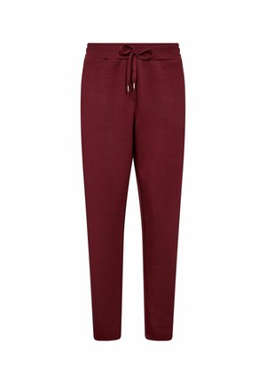 Burgundy sweatpants made of soft fabric, featuring an elastic waistband with a drawstring, tapered legs, and no visible pockets.