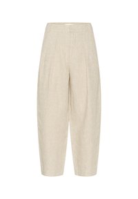 Beige linnen broek met een losse fit, voorzien van plooien bij de taille, cropped lengte en een gestructureerde, geweven stof.