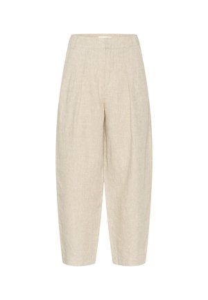 Beige Leinenhosen mit lockerer Passform, featuring Falten an der Taille, verkürzter Länge und einem strukturierten, gewebten Stoff.