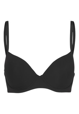 Svart vadderad bh med justerbara remmar, slät yta och en klassisk design. Har en subtil söm längs kuporna och inga utsmyckningar.