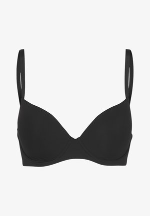 Schwarzer gepolsterter BH mit verstellbaren Trägern, glatter Textur und klassischem Design. Verfügt über eine subtile Naht entlang der Körbchen und keine Verzierungen.