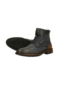 Donkerblauwe leren enkelbotten met een getextureerd oppervlak, bruine leren accenten, ronde neus en rubberen zool met multidirectioneel profiel.