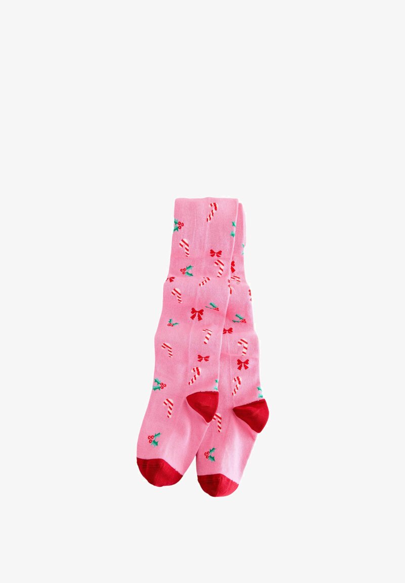 Rosa Socken mit roten Zehen und Fersen, verziert mit Zuckerstangen, roten Schleifen und grünen Stechpalmenblättern mit roten Beeren.