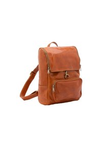 Zaino in pelle marrone con finitura lucida, forma rettangolare, pattina superiore e molteplici tasche con zip. Include spallacci regolabili.