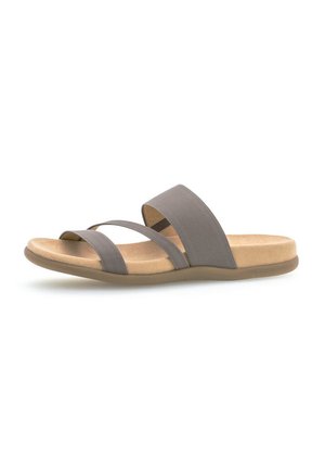 Gray slide sandal featuring two wide fabric straps and a cushioned insole. Flat, flexible sole with a natural-colored finish.