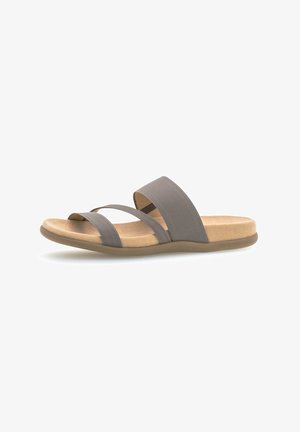 Gray slide sandal featuring two wide fabric straps and a cushioned insole. Flat, flexible sole with a natural-colored finish.