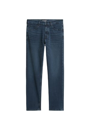 Dunkelblaue gerade geschnittene Jeans mit vorderem Knopf und Reißverschluss, Gürtelschlaufen und Fünf-Taschen-Design.