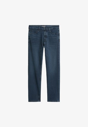 Ciemnoniebieskie dżinsy o prostym kroju z zapięciem na guziki i zamek błyskawiczny, szlufkami na pasek i pięcioma kieszeniami.