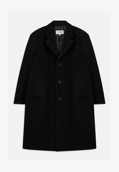 Black wool overcoat featuring a notched collar, five buttons, two front pockets, and a smooth texture, extending to mid-thigh length.