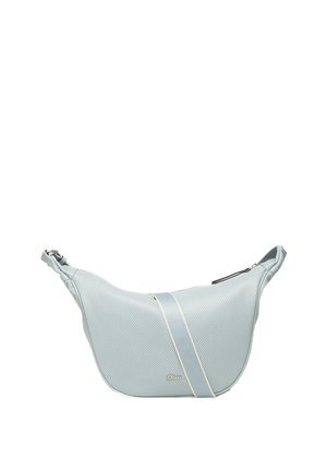 Hellblaues Schultertasche aus strukturiertem, durchlöchertem Material. Besitzt einen cremefarbenen Akzentgurt und einen Reißverschluss.