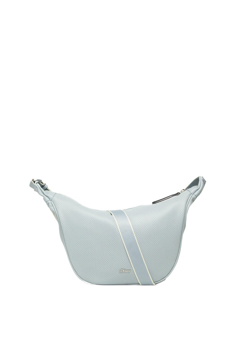 Hellblaues Schultertasche aus strukturiertem, durchlöchertem Material. Besitzt einen cremefarbenen Akzentgurt und einen Reißverschluss.