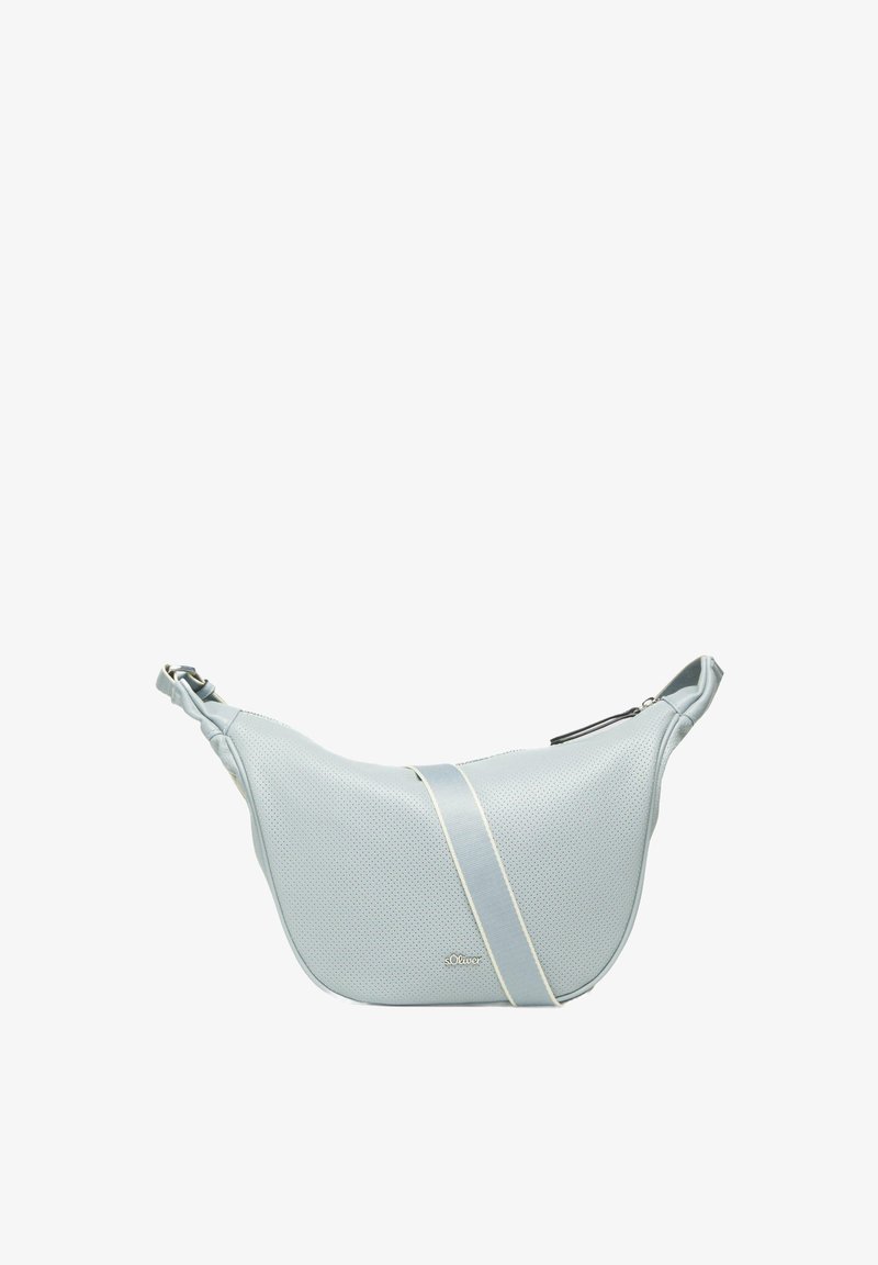 Jasnoniebieska torba na ramię wykonana z teksturowanego, perforowanego materiału. Posiada kremowy akcent w postaci paska oraz zamek błyskawiczny.
