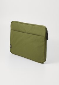 Olive green laptop sleeve made of durable fabric, featuring a zip closure and a front pocket for additional storage. Smooth texture, rectangular shape.