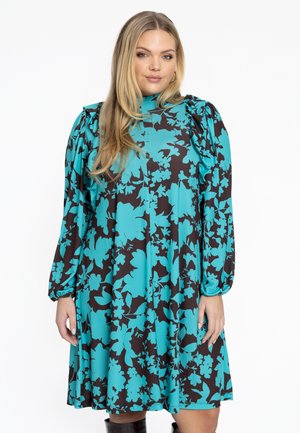 Türkis und schwarze Blumenmusterkleid mit langen Puffärmeln, hohem Kragen und ausgestelltem Saum. Hergestellt aus leichtem, glattem Stoff.