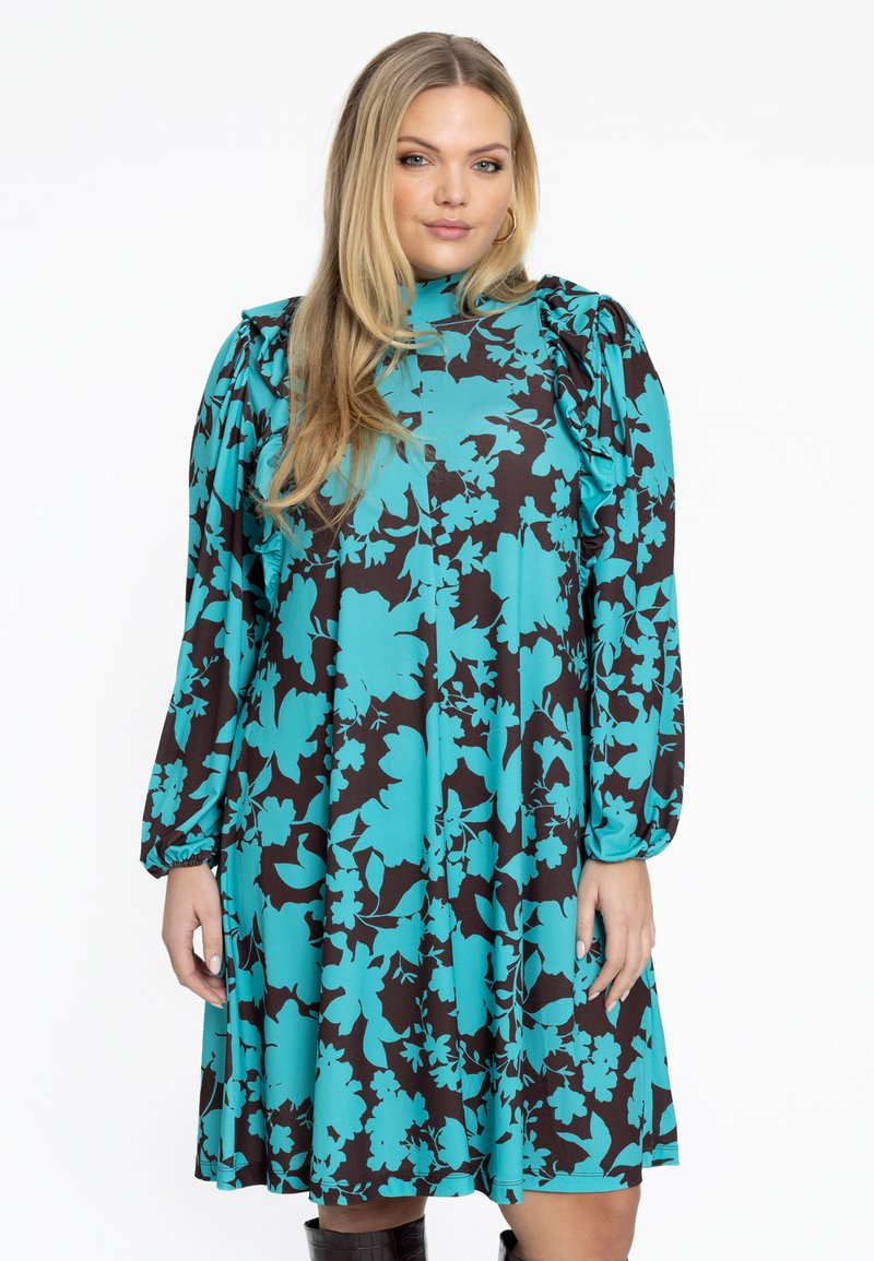 Türkis und schwarze Blumenmusterkleid mit langen Puffärmeln, hohem Kragen und ausgestelltem Saum. Hergestellt aus leichtem, glattem Stoff.