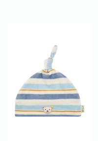 Pruhovaná bavlněná dětská čepice v světle modré, bílé a námořnické barvě s oranžovými akcenty. Obsahuje jemnou výšivku medvídka a uzlík na vrchu.