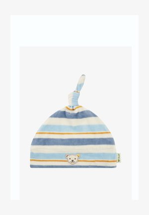 Gestreepte katoenen babyhoed in lichtblauw, wit en marineblauw met oranje accenten. Beschikt over een zachte borduurdaad van een berengezicht en een geknoopt bovenstuk.
