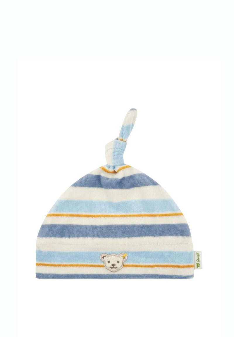 Pruhovaná bavlněná dětská čepice v světle modré, bílé a námořnické barvě s oranžovými akcenty. Obsahuje jemnou výšivku medvídka a uzlík na vrchu.