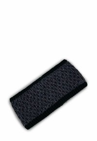 Bandeau tricoté en gris foncé et noir, présentant un motif texturé. Matériau doux et extensible avec un bord côtelé.