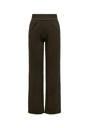 Vidbyxar i mörkgrön färg, tillverkade av mjukt tyg. Har midjeband med elastik och sydda frampaneler för extra detaljer.