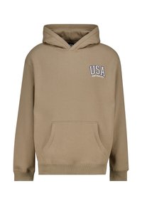 Brown hoodie with a front pocket, featuring "USA" and "NEW YORK CITY" embroidery in white and blue on the chest. Soft fabric, standard fit.
