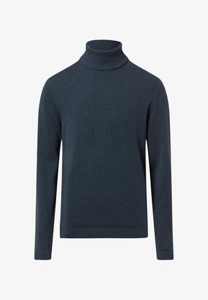 Granatowy sweter z golfem wykonany z miękkiej dzianiny, z długimi rękawami i prążkowanymi wykończeniami na kołnierzu oraz u dołu.