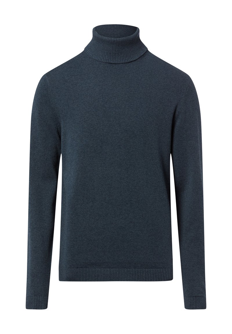 Granatowy sweter z golfem wykonany z miękkiej dzianiny, z długimi rękawami i prążkowanymi wykończeniami na kołnierzu oraz u dołu.