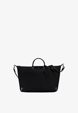 Schwarze Nylon-Tote-Tasche mit Lederakzenten. Verfügt über zwei Handgriffe oben, einen abnehmbaren Schultergurt und ein Gepäckanhänger. Rechteckige Form.