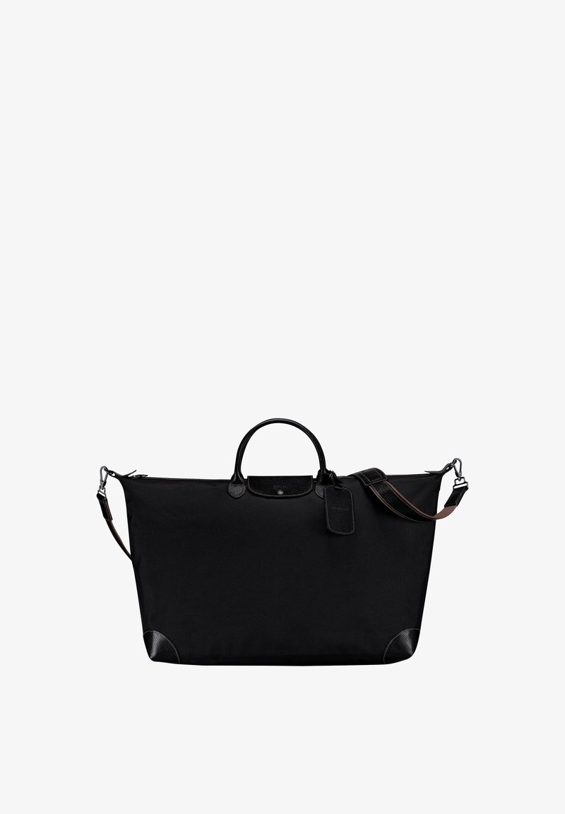 Schwarze Nylon-Tote-Tasche mit Lederakzenten. Verfügt über zwei Handgriffe oben, einen abnehmbaren Schultergurt und ein Gepäckanhänger. Rechteckige Form.